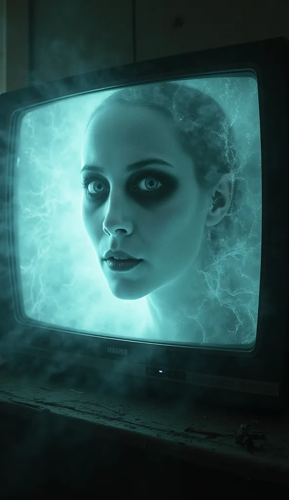 A ghostly face emerging on a hazy TV screen, its features gradually sharpening through layers of static and mist.