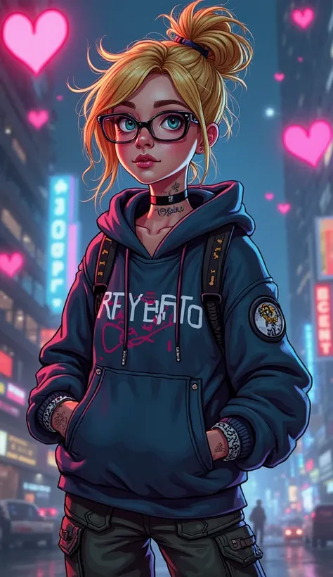 Cartoon girl in her late 30s with blonde hair and freckles, posing in a dark futuristic city, wearing a futuristic cyberpunk hoodie and cargo pants, glasses, dark colors, vibrant, tattoos, neck tattoo, messy bun, night city, cyberpunk , surrounded by float...