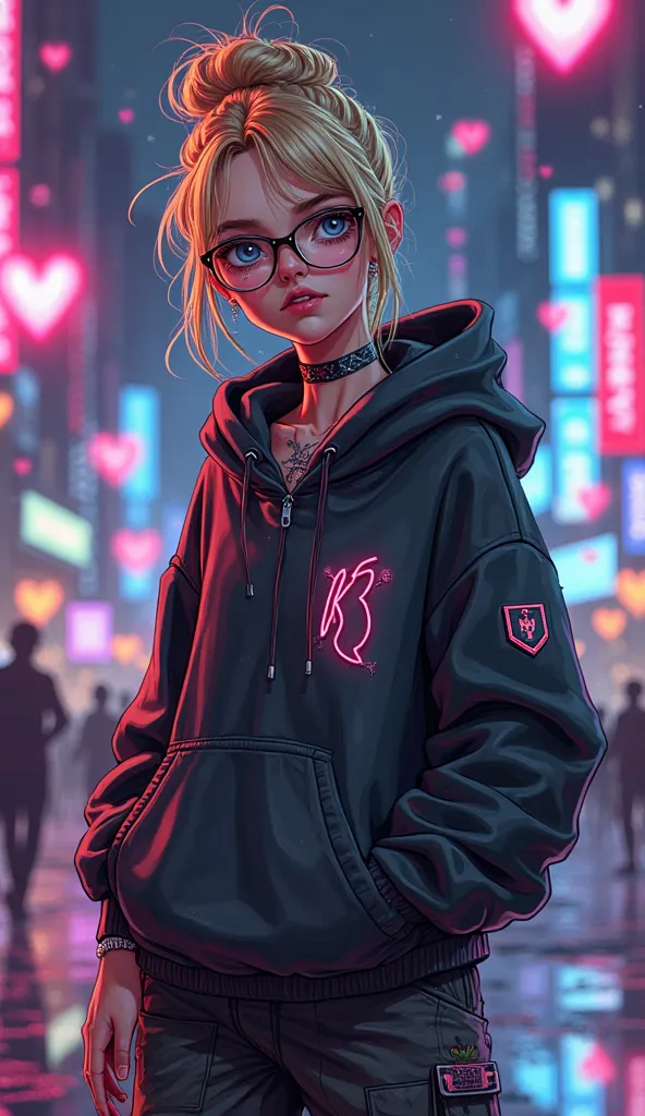 Cartoon girl in her late 30s with blonde hair and freckles, posing in a dark futuristic city, wearing a futuristic cyberpunk hoodie and cargo pants, glasses, dark colors, vibrant, tattoos, neck tattoo, messy bun, night city, cyberpunk , surrounded by float...