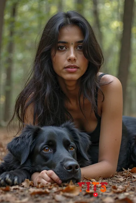 A young woman of South Asian descent, lying on the ground in a forest setting, with a large black dog resting on top of her. She has long dark hair, a light complexion, and a somewhat serious expression. She is wearing a black, form-fitting bra top. The wo...