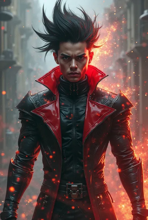 A character in black and red clothes, hair spiked upwards and with a purple transformation