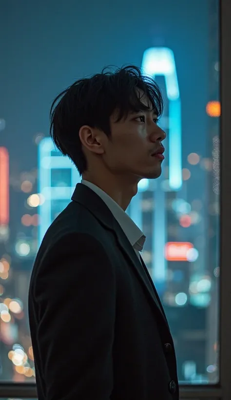 young handsome Asia man, movie stylish, 30-year-old male with manly features, with short black hair falling down his face, Standing with a ponder expression inside the bright light building, night city view, beautiful view