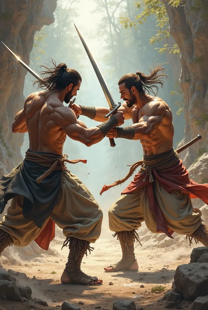 2 guys sword fighting, semi-realistic, dynamic pose