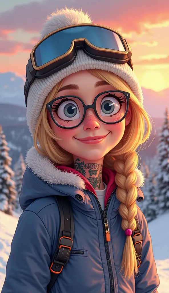 smiling cartoon girl with blonde hair and freckles in her late 30s wearing a snowsuit and winter hat, glasses, tattoos, neck tattoo, at a ski resort, sunset, 