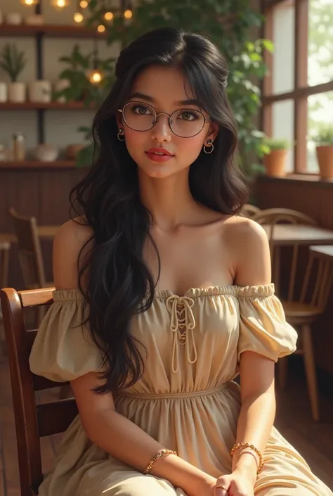 young Odia woman with long dark hair, wearing a beige off-the-shoulder dress, sitting in a cafe or restaurant setting. Wearing rounded or butterfly style spectacle and anklet. Realistic HD 