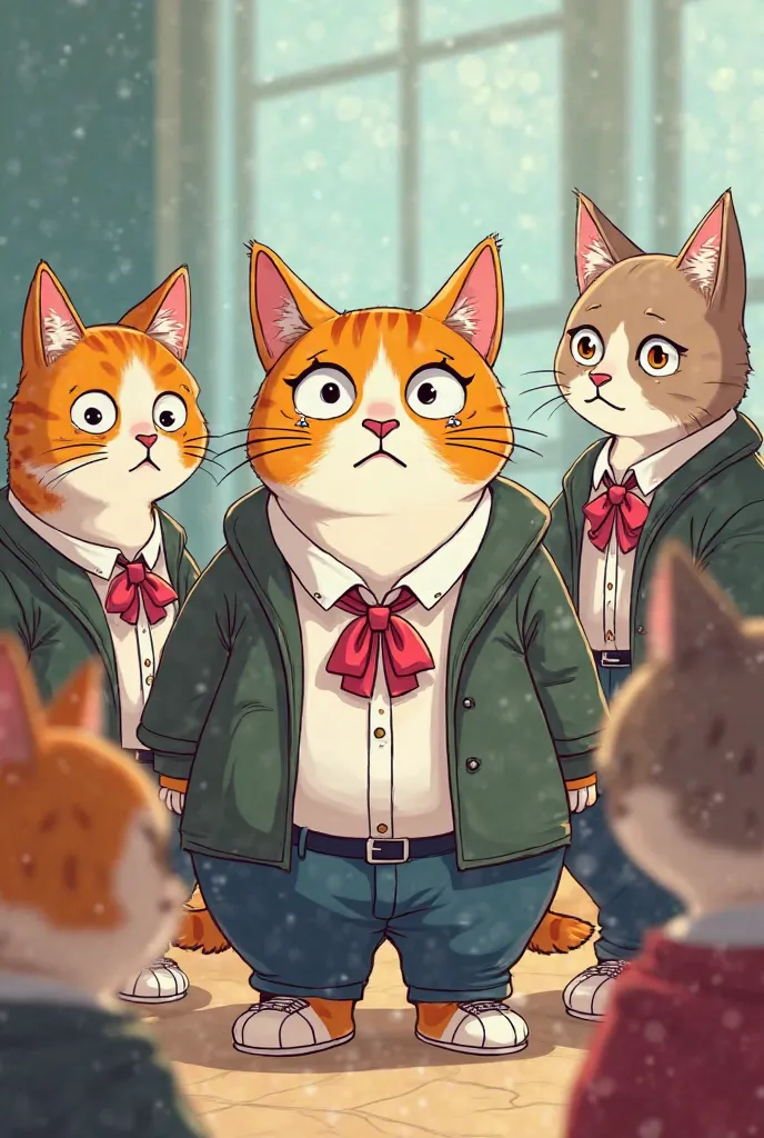 A cartoonist fatty cat in school uniform who was bullied by other beautiful cat cartoonist and fatty cat crying 