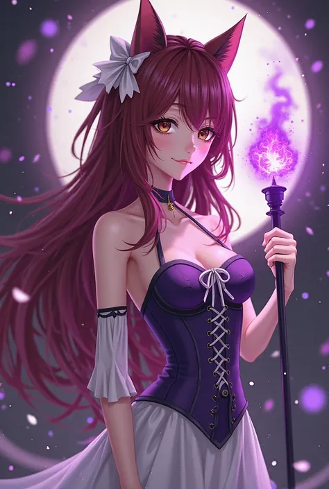 anime girl , dark red hair , brown eyes, white hair bow  , cat ears, Purple halter corset top for lacing on the neck ,  white skirt , long purple white glowing scepter in the hand.