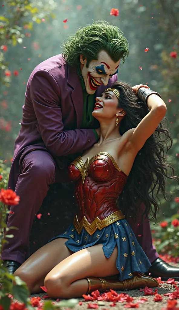 Wonder woman on knees , joker is standing and pulling her hairs up ,at flower garden, wonder woman is crying loudly, realistic . 