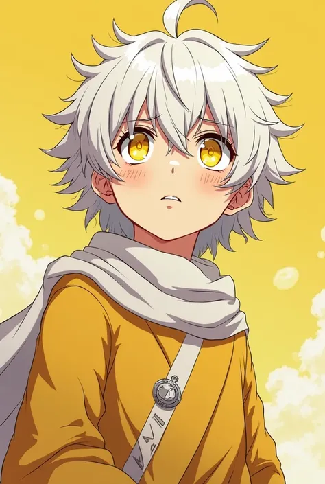 Make this yellow white-haired character, bright golden eyes without pupil, yellow robes and some white details around them, with a white scarf around her neck, In the style of this man looking up with an expression of despair as if he were lost or being fr...