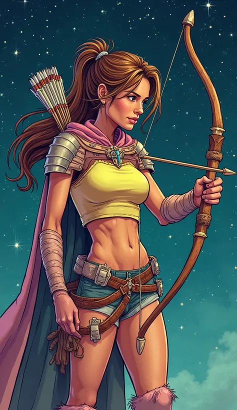 prompt of a woman in cartoon style, wearing fluorescent war clothes, holding a bow and arrow in her hand showing her bravery and determination. with characteristics of the Sagittarius sign, the background is starry