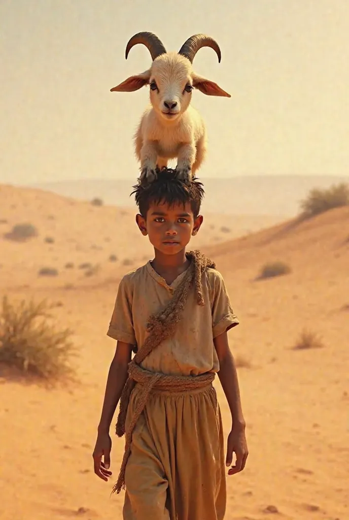 Create a small boy carry goat on his head in the sahra