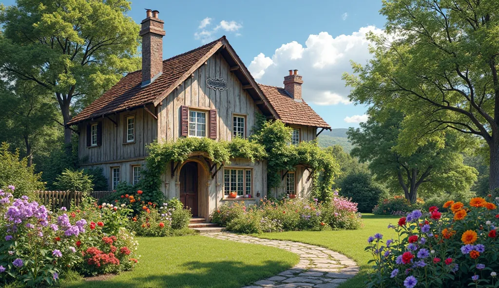 * Prompt: "Exterior shot of a weathered, charming countryside house, nestled among tall, verdant trees and a vibrant flower garden. The scene is bathed in bright sunlight, with a clear, azure sky above."