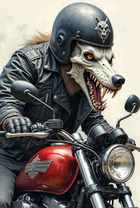 
MG Siberian Wolf Skull, with an angry face,  showing teeth , with red eyes, wearing black leather jacket, wearing black biker helmet with a wolf skull drawn on the helmet, mounted on a Harley Davidson motorcycle, Everything you asked for in an abstract dr...