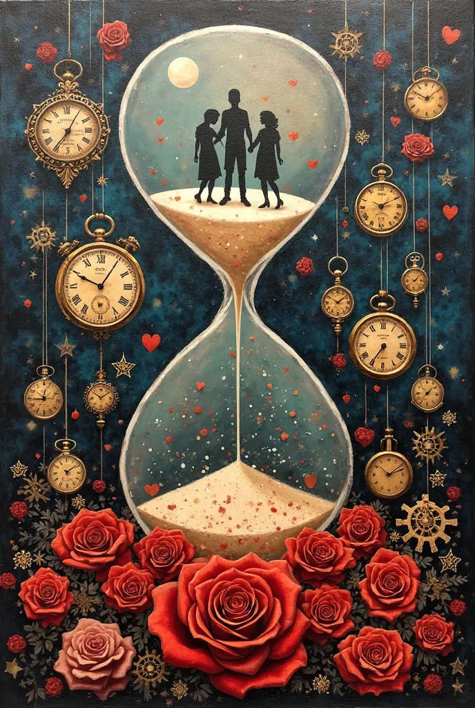 Je te propose une composition artistique dense et harmonieuse sur un tableau 80×60 cm, that combines love and the passage of time :

Central elements : A large hourglass from which the sand drains, transforming into rose petals that form a heart at the bot...