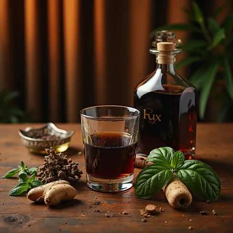 a stylish and elegant scene featuring a dark glass bottle, a glass of dark rum filled halfway, an ashtray, and a selection of fresh herbs and medicinal plants such as basil, mint, and ginseng roots placed on a wooden table. The background is softly lit wit...