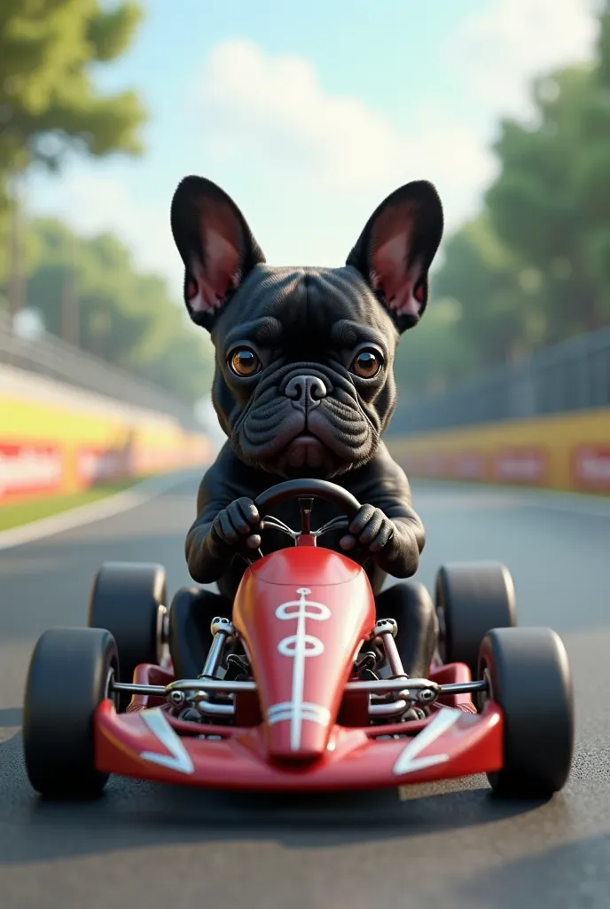 Black French Bulldog on a kart