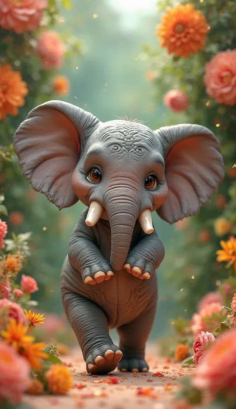 3d animated "An elephant is dancing, with floral decorations in the background."
