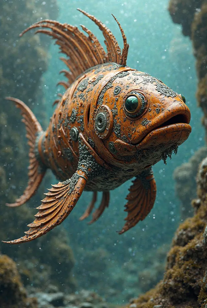 Fish made with pieces of wood and wear metal armor 