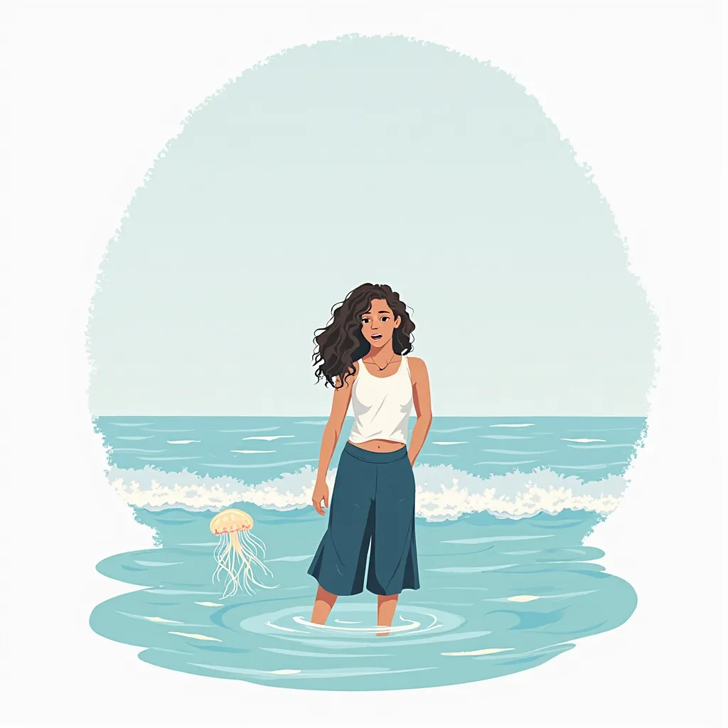 Prompt Description:
A very beautiful 27-year-old girl with curly hair, wearing a white sleeveless top and dark blue long shorts, stands at the edge of the ocean, her feet submerged in the shallow water. Suddenly, she lifts one foot slightly, a surprised an...