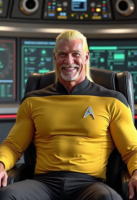 Hulk Hogan reimagined as Capatain Pike from Strange New Worlds, not so muscular, (full yellow top including shoulders), black collar, on the capatains chair on USS Starship Enterprise, smiling
