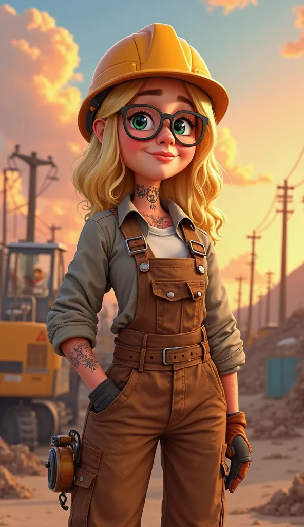 smiling cartoon girl with blonde hair and freckles in her late 30s wearing brown overalls and a welding jacket and hard hat, glasses, tattoos, neck tattoo, at a construction site,, sunset, full body