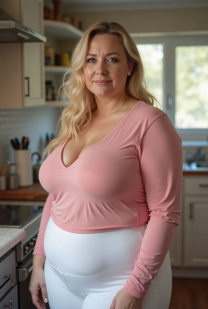 medium full shot,  
A shot from the side standing in the kitchen,  
(Unrivaled Exquisite Face ),  
German blonde mature woman,  
 Full Plus Size Body ,  
(I'm wearing a pink minimalist fit long sleeve t-shirt and white Spandex pants),  
(big breasts: 1.1),...