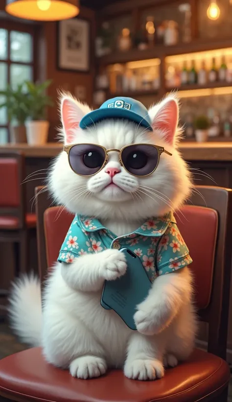 Realistic photo: Cute furry white cat is wearing sunglasses sitting on a chair with an iPhone 16 on its paw and he's sitting in a bar wearing a floral shirt and blue cap 