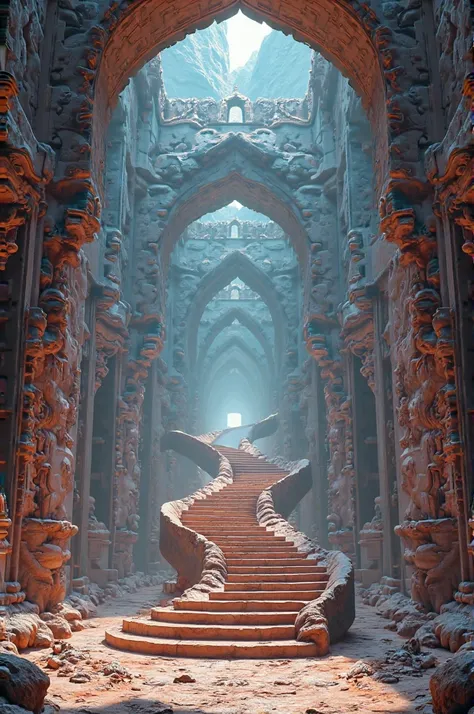 A mesmerizing, digitally created fractal animation set within an ancient Indian monolithic temple. The scene features multiple archways floating in space, each leading to a different dimension, creating an illusion of infinite depth. A grand staircase spir...