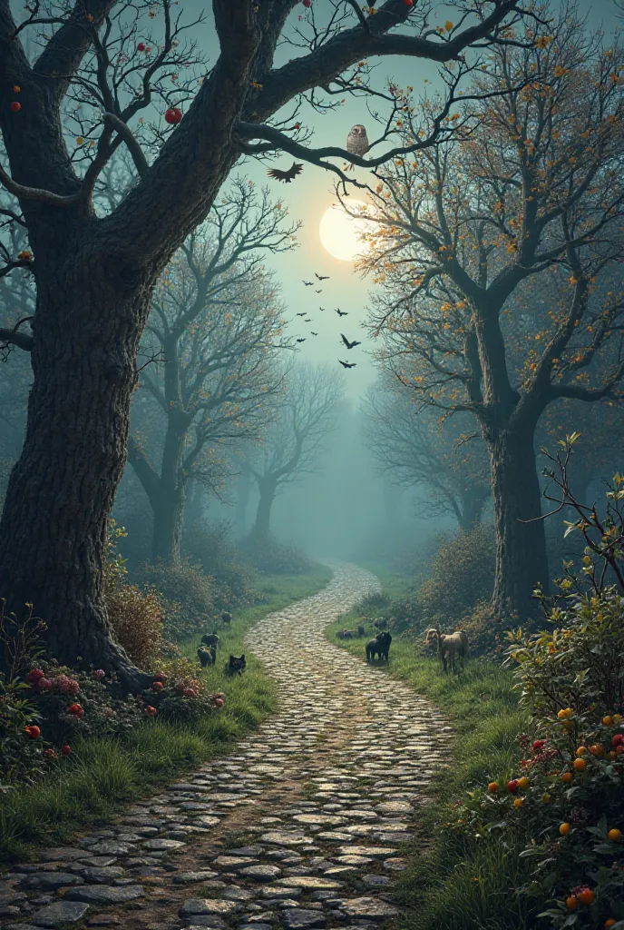 Here is the detailed description for the AI to understand and generate the image correctly:

 Description :
A rustic medieval stone road,  tree aged by time, leading to a crossroads with two distinct paths.

left path:

 A dark and frightening environment ...