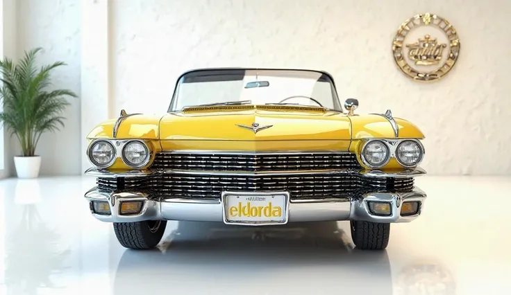 Cadillac Eldorado (1960 yellow colour 
1. Straight Front View

"A hyper-realistic 8K 3D render of a luxury car in the most sharp, bright, silky glossy, and ultra-shiny finish, displayed as big, close, and zoomed-in in a pristine white-themed showroom. The ...