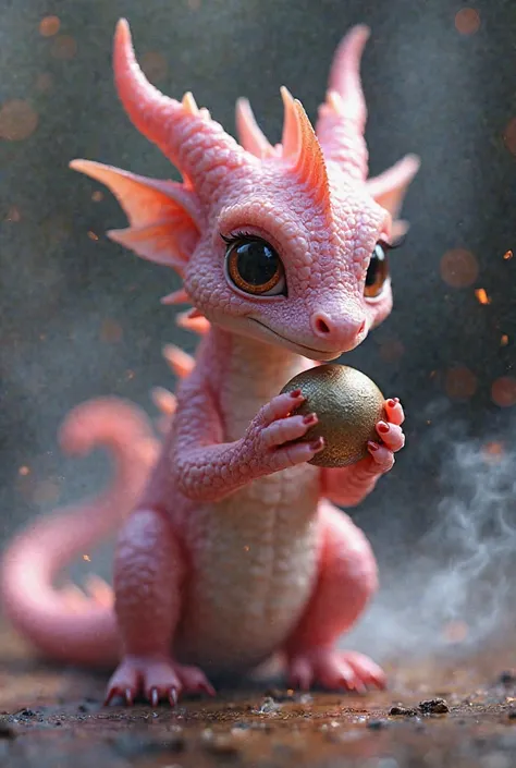 Image of a pink miniature dragon holding a muzzle 8k