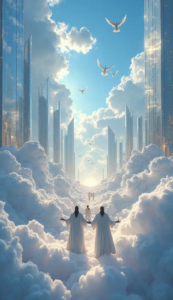 An awe-inspiring vision of the Kingdom of Heaven, captured with a Phase One XF IQ4 150MP and a Schneider Kreuznach 80mm f/2.8 lens. The scene is set in a grand, panoramic view, where a vast ocean of glowing white clouds stretches endlessly beneath a flawle...