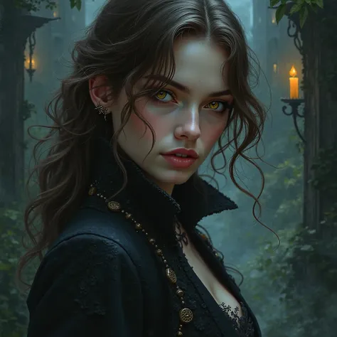 Book cover of a vampire, wavy brown hair , pale,yellow eyes, beautiful 