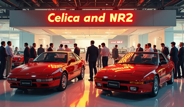 A Toyota Celica and MR2 is standing in the showroom and two or three guys are checking it . It should be written on the board `Toyota Celica and MR2`