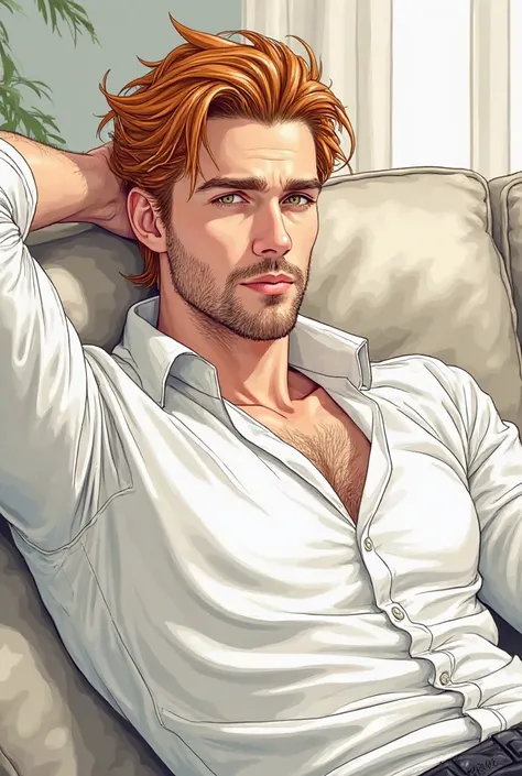 Hot handsome vampire with short ginger hair and beard wearing white shirt relaxing on sofa his hand behind his head colored line art clean 