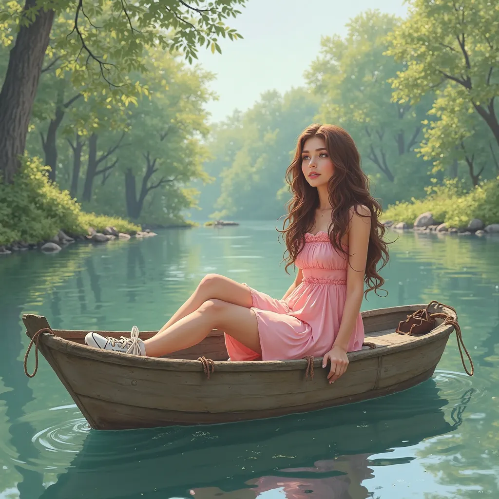 A princess sitting on a fishing boat. Brown hair. She wears a pink dress and sneakers.