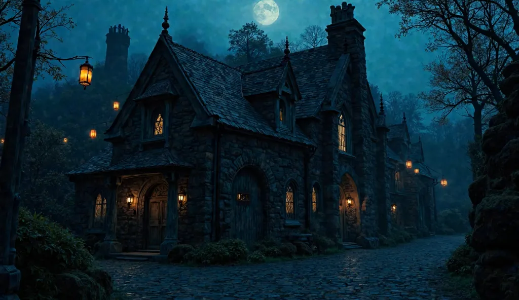 A mystical, ancient house built of polished black jasper, reflecting the soft glow of the moon. Its structure is medieval-baroque inspired, with a cinematic and realistic feel, featuring intricate stone textures and artistic details. The roof is steeply pi...