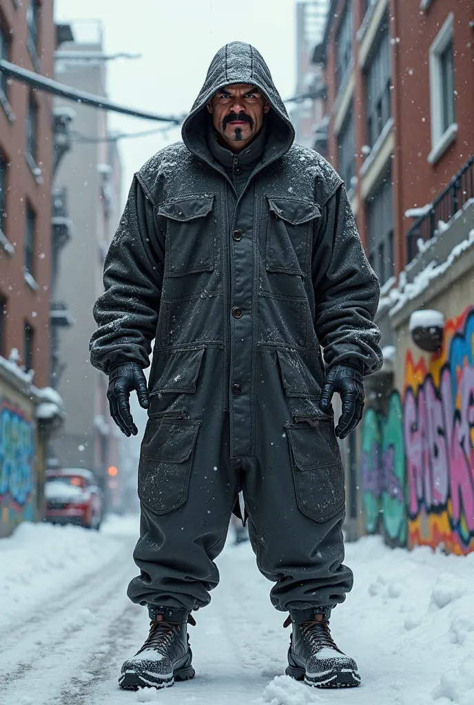 animated man wearing tech fleece all over and standing in the snow in a neighborhood surrounded by buildings and graffiti and that man has a mustache and looks scary