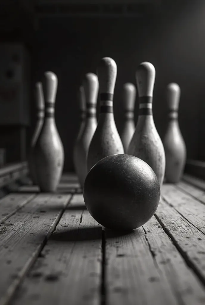 Wooden skittles pins being knocked over by the ball in black and white 