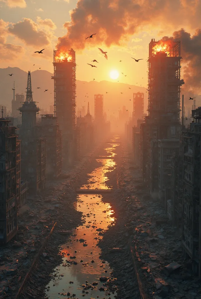 "A hyper-realistic 4K cinematic animation of a post-apocalyptic city in ruins, captured from a high-angle aerial shot at golden hour. The scene is filled with collapsed buildings, shattered roads, and rivers reflecting the eerie glow of the setting sun. Sm...