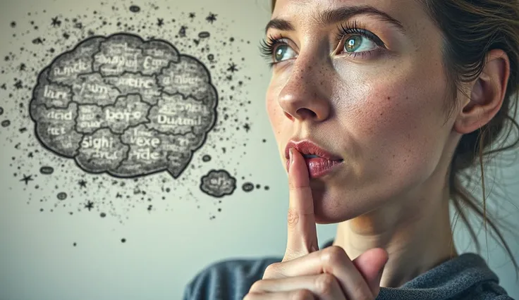 The Psychology of Words
A close-up of a thoughtful person with their index finger on their lips, symbolizing silence. In the background, speech bubbles filled with cluttered words are fading away, while a clear, powerful message remains. The theme represen...