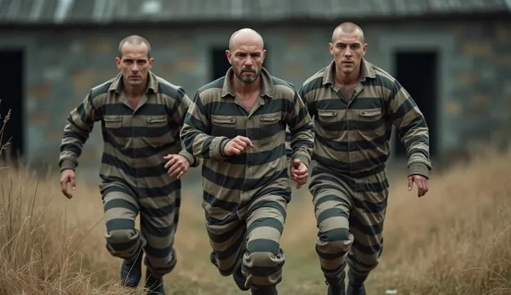 hyperrealistic fullbody photo of three very different 18 years old bald convicts in very dirty and worn black and white horizontally striped prisonjumpsuits escaping an oldfashioned prison by running on a dry meadow, very different unshaved faces, all in v...