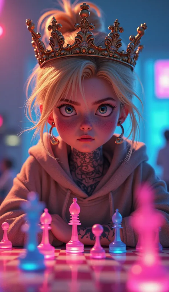 Cartoon Girl in her late 30s with blonde hair and freckles, serious expression, playing chess, vibrant colors, bright and bold hues, wearing a cozy hoodie, tattoos including a detailed neck tattoo, hair in a messy bun, surrounded by floating glowing neon c...