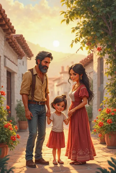 Happy family from a Spanish town made up of a father, madre, young daughter 
 