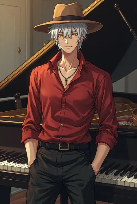 Young male, age 30, white hair, dull orange eyes, pen necklace, tall, lanky, black pants, red button up shirt, brown hat, with piano in background,anime