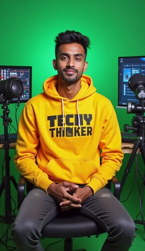 An Indian smooth skin man sitting confidently on a
chair in his YouTube studio. He is wearing a bright yellow hoodie with TECHY THINKER boldly printed on it. His face is clearly visible. while looking directly at the camera. The studio background colour is...