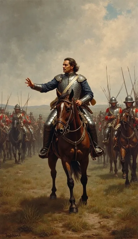 Create an image of the English Civil War with Oliver leading the army please