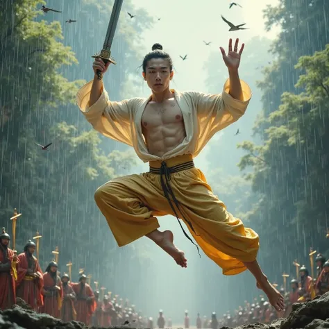 Realistic, 8K high-definition, live-action version of the martial arts novel about the young and handsome Shi Yanwen. The character portrait is super realistic and lifelike. He raises his hands to expose his armpit hair, holds a sword upward, wears gold pa...