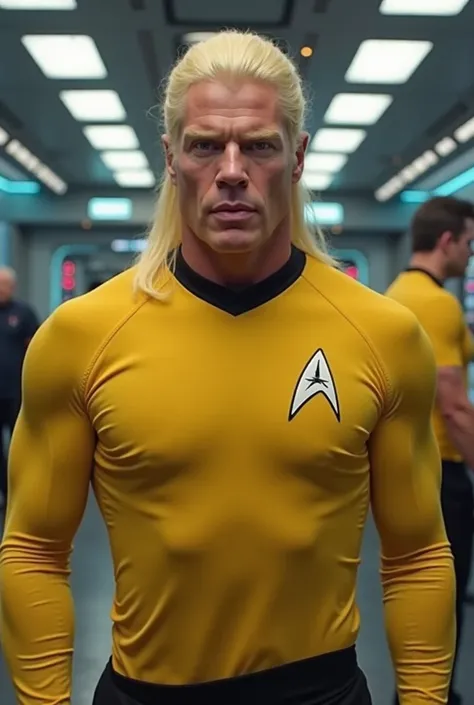 Hulk Hogan reimagined as Capatain Pike from Strange New Worlds, not so muscular, (COMPLETELY yellow top NO black shoulders), black collar, on USS Starship Enterprise, smiling
