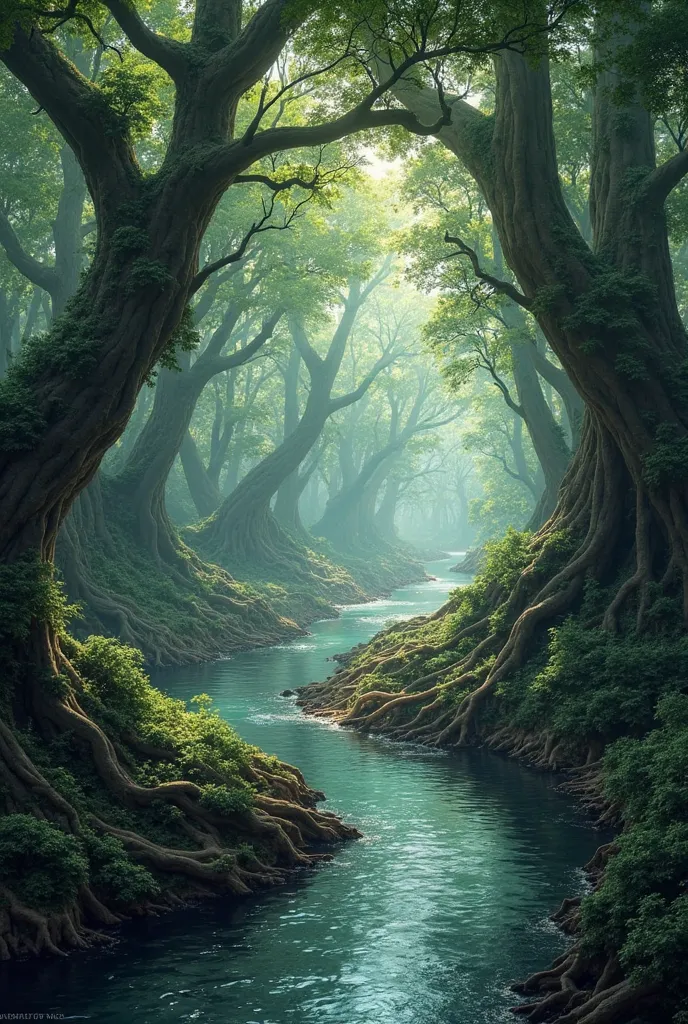 Create a river with lots of giant trees and a detailed deep river with dark water and barriers full of roots 